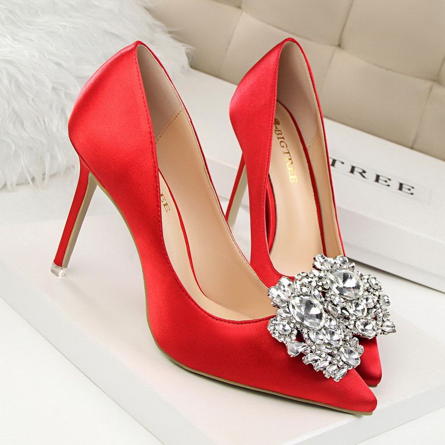 Ladies Crystal Heels Wedding Pumps Dress Party Shoes Red