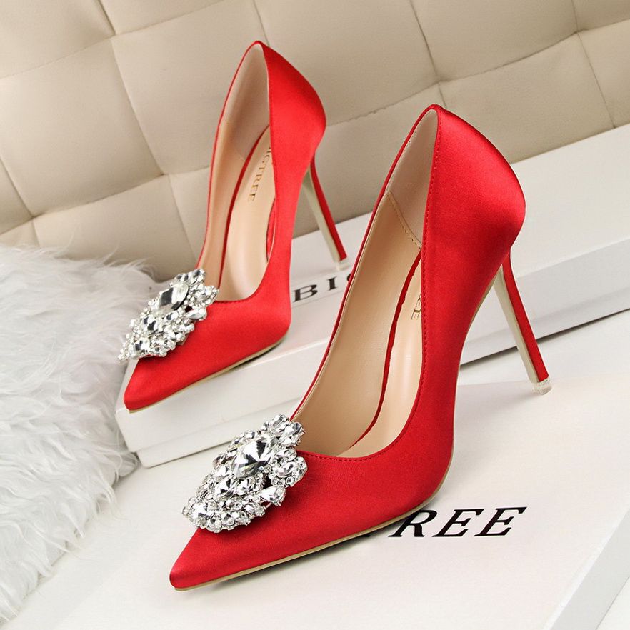 Ladies Crystal Heels Wedding Pumps Dress Party Shoes Red
