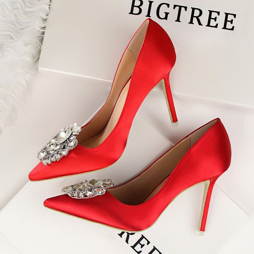 Ladies Crystal Heels Wedding Pumps Dress Party Shoes Red