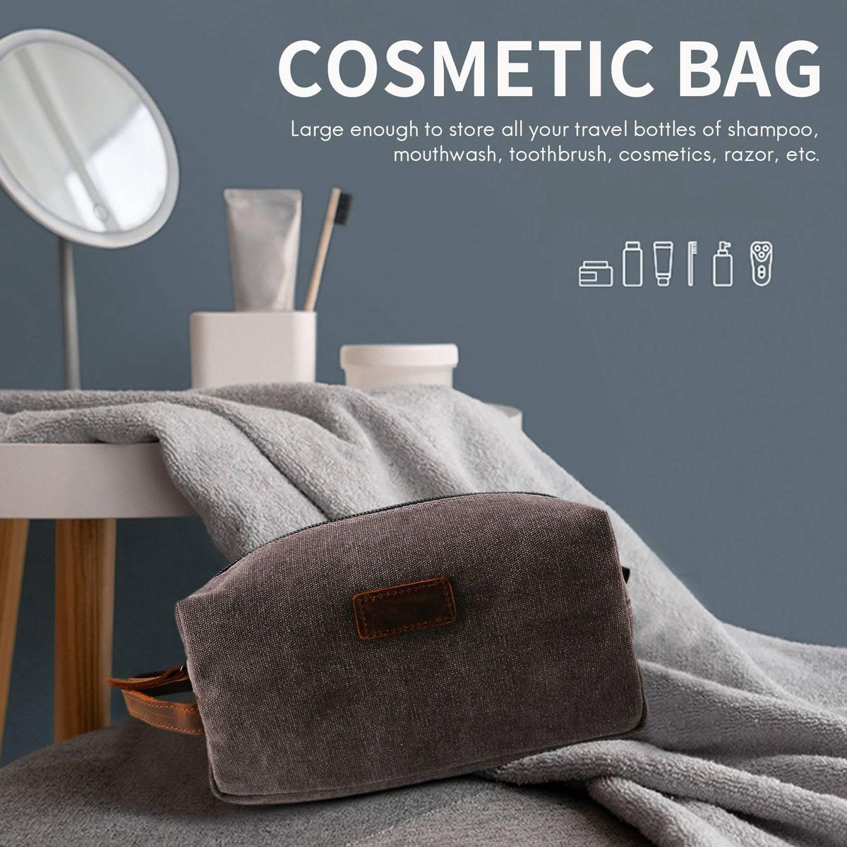 Gray Travel Shaving Dopp Kit Cosmetic Organizer Canvas Toile