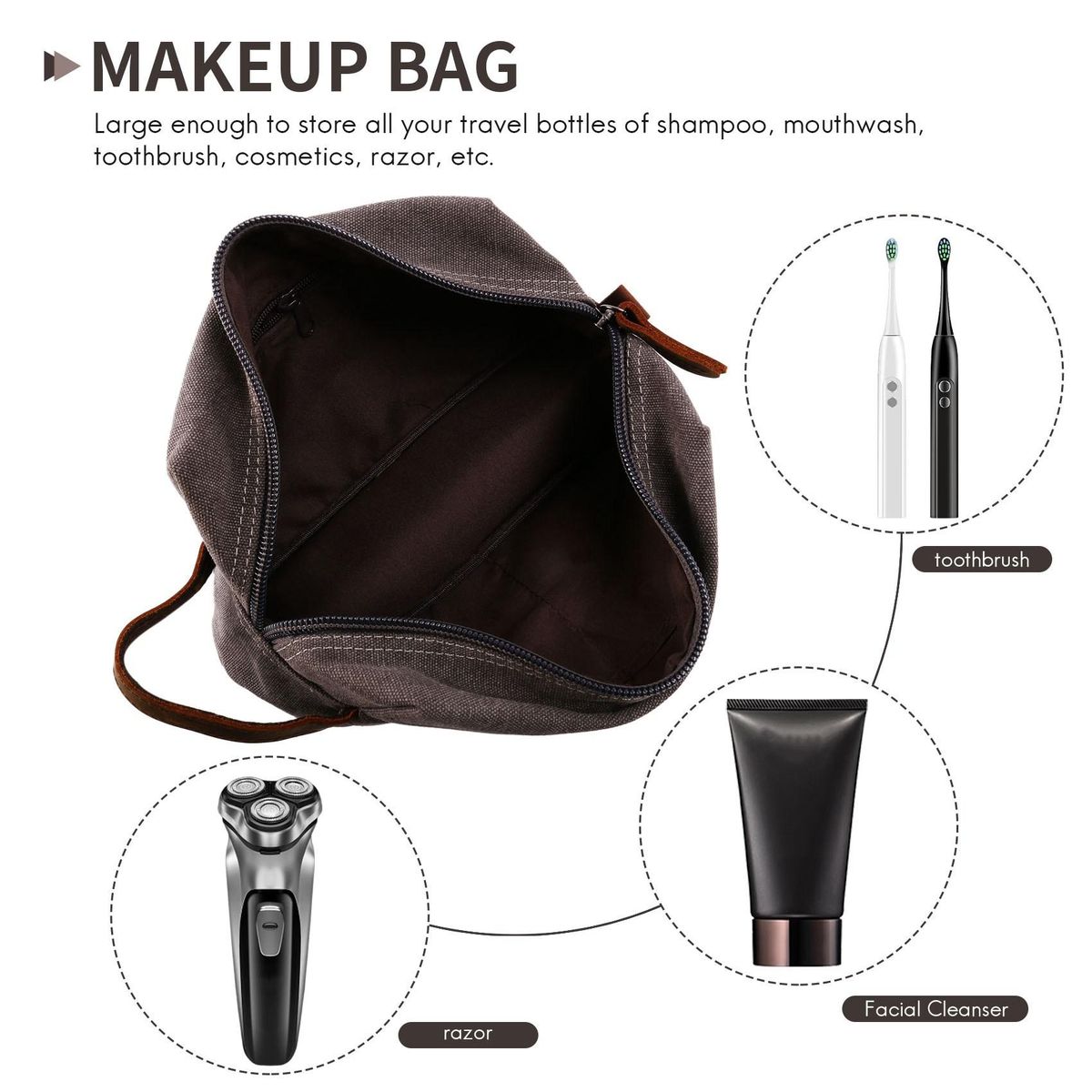 Gray Travel Shaving Dopp Kit Cosmetic Organizer Canvas Toile