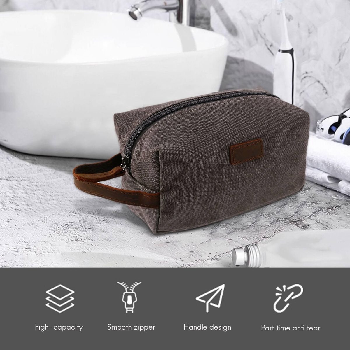Gray Travel Shaving Dopp Kit Cosmetic Organizer Canvas Toile