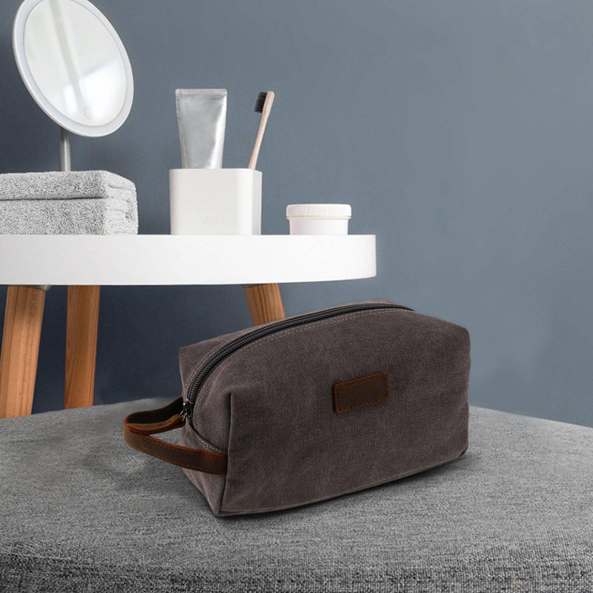 Gray Travel Shaving Dopp Kit Cosmetic Organizer Canvas Toile
