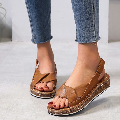 Ladies Fashion Sandals Platform Wedge Casual Slippers - Brown