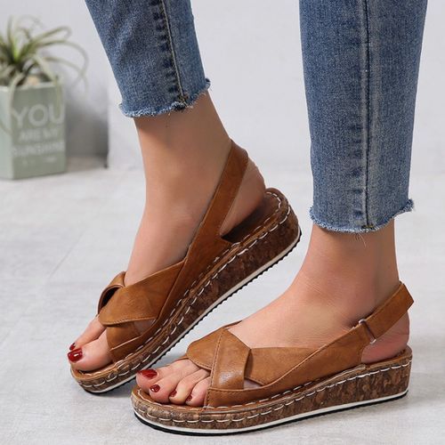 Ladies Fashion Sandals Platform Wedge Casual Slippers - Brown