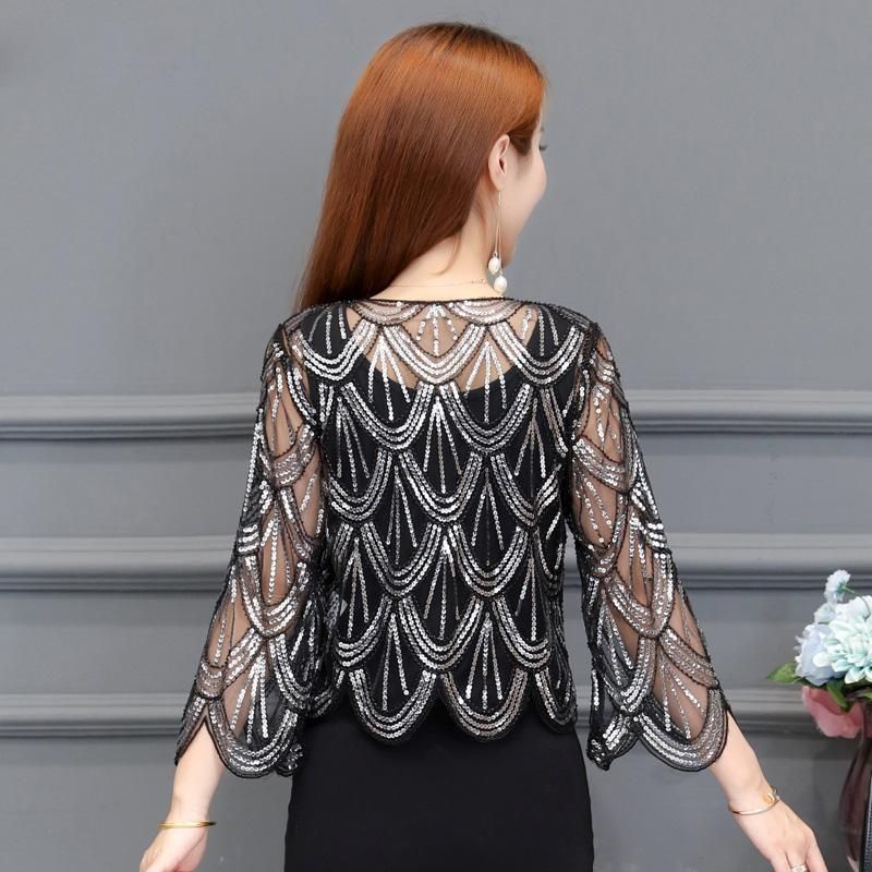Fashion Sequins Coat Cardigan Women's Jacket Ultra-thin Cutout Embroidery Jackets Tops Summer Sun Protection Clothing Female