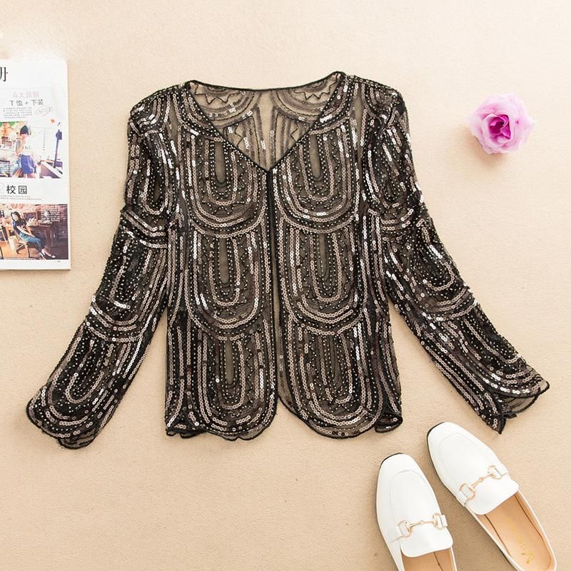 Fashion Sequins Coat Cardigan Women's Jacket Ultra-thin Cutout Embroidery Jackets Tops Summer Sun Protection Clothing Female