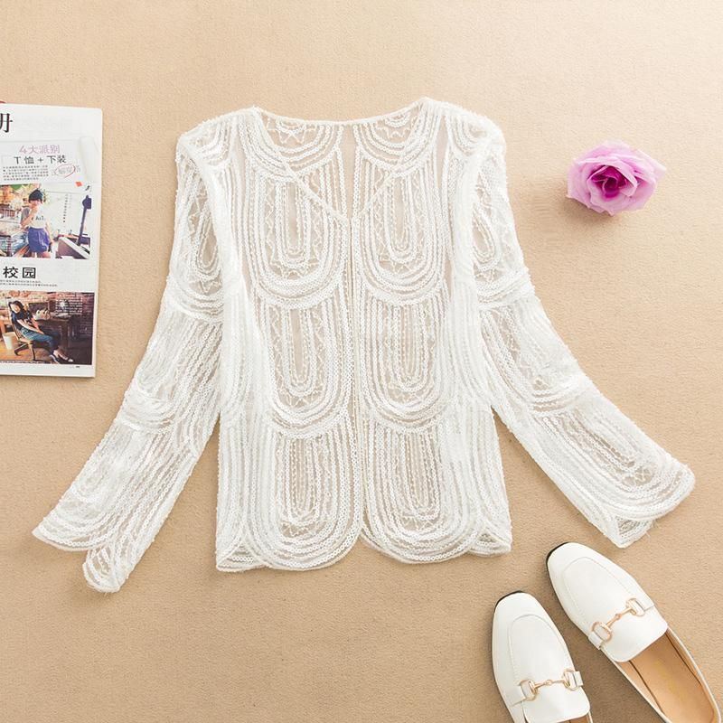 Fashion Sequins Coat Cardigan Women's Jacket Ultra-thin Cutout Embroidery Jackets Tops Summer Sun Protection Clothing Female