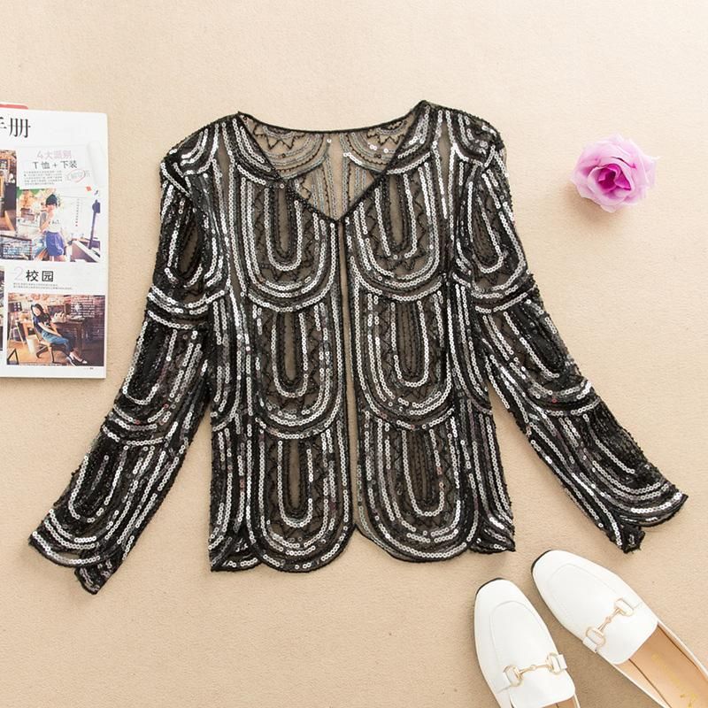 Fashion Sequins Coat Cardigan Women's Jacket Ultra-thin Cutout Embroidery Jackets Tops Summer Sun Protection Clothing Female