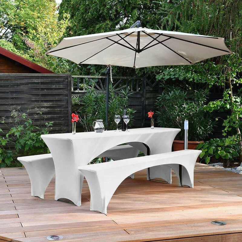 (1 Table Cover+2 Bench Covers) Outdoor Garden Patio Stretchable Table Cover Bench Cover Chair Furniture Storage Protection Dust Cover For Reception Wedding Banquet Party 220x70(35)x80(40)cm