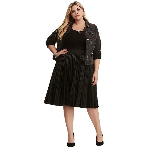Oasis Faux Black Leather Pleated Midi Skirt