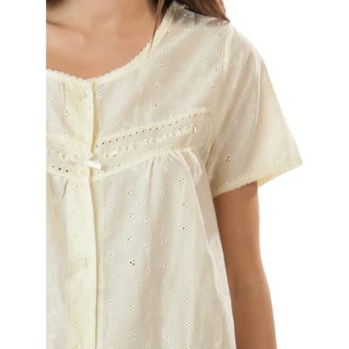 Women' Eyelet Embroidered Night Gown Robe For Breast Feeding Mums- Yellow