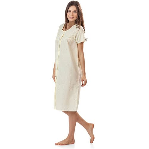 Women' Eyelet Embroidered Night Gown Robe For Breast Feeding Mums- Yellow