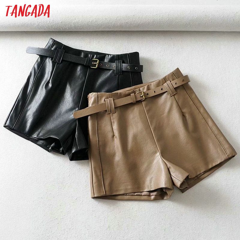 (Black)Tangada Women Brown Pu Leather Skirt Shorts With Belt Zipper Female High Waist Ladies Casual Shorts 1Y07 DOU