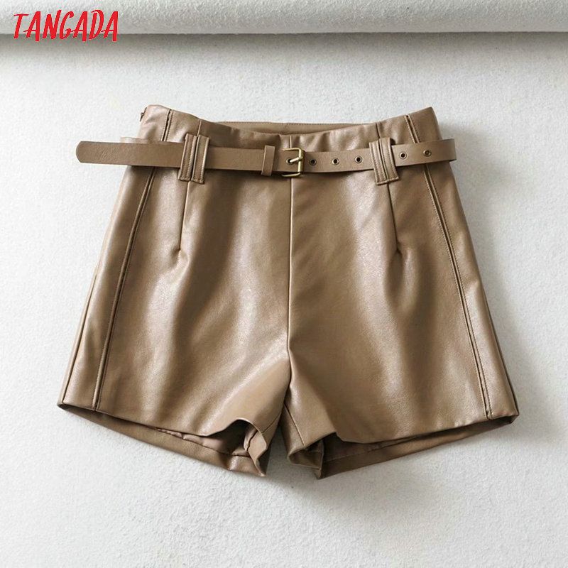 (Black)Tangada Women Brown Pu Leather Skirt Shorts With Belt Zipper Female High Waist Ladies Casual Shorts 1Y07 DOU