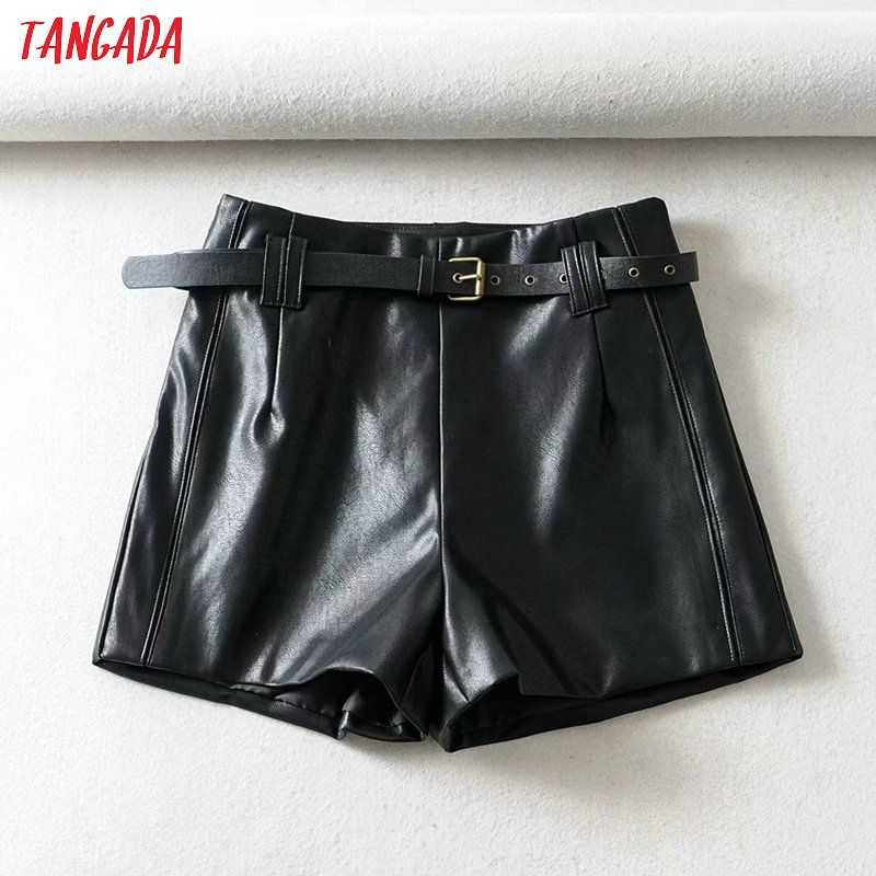 (Black)Tangada Women Brown Pu Leather Skirt Shorts With Belt Zipper Female High Waist Ladies Casual Shorts 1Y07 DOU