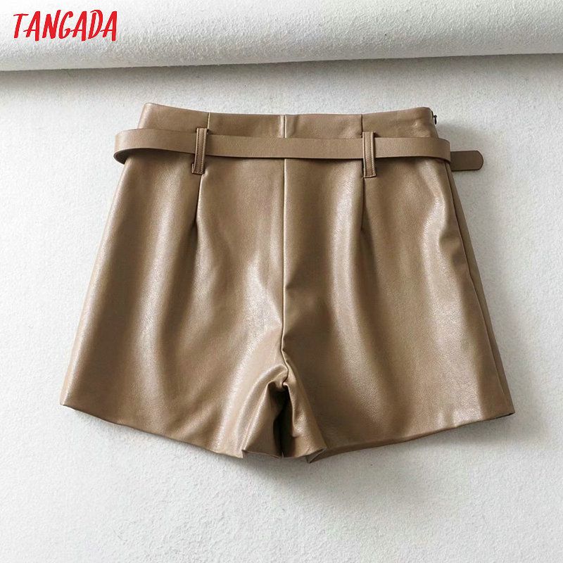 (Black)Tangada Women Brown Pu Leather Skirt Shorts With Belt Zipper Female High Waist Ladies Casual Shorts 1Y07 DOU