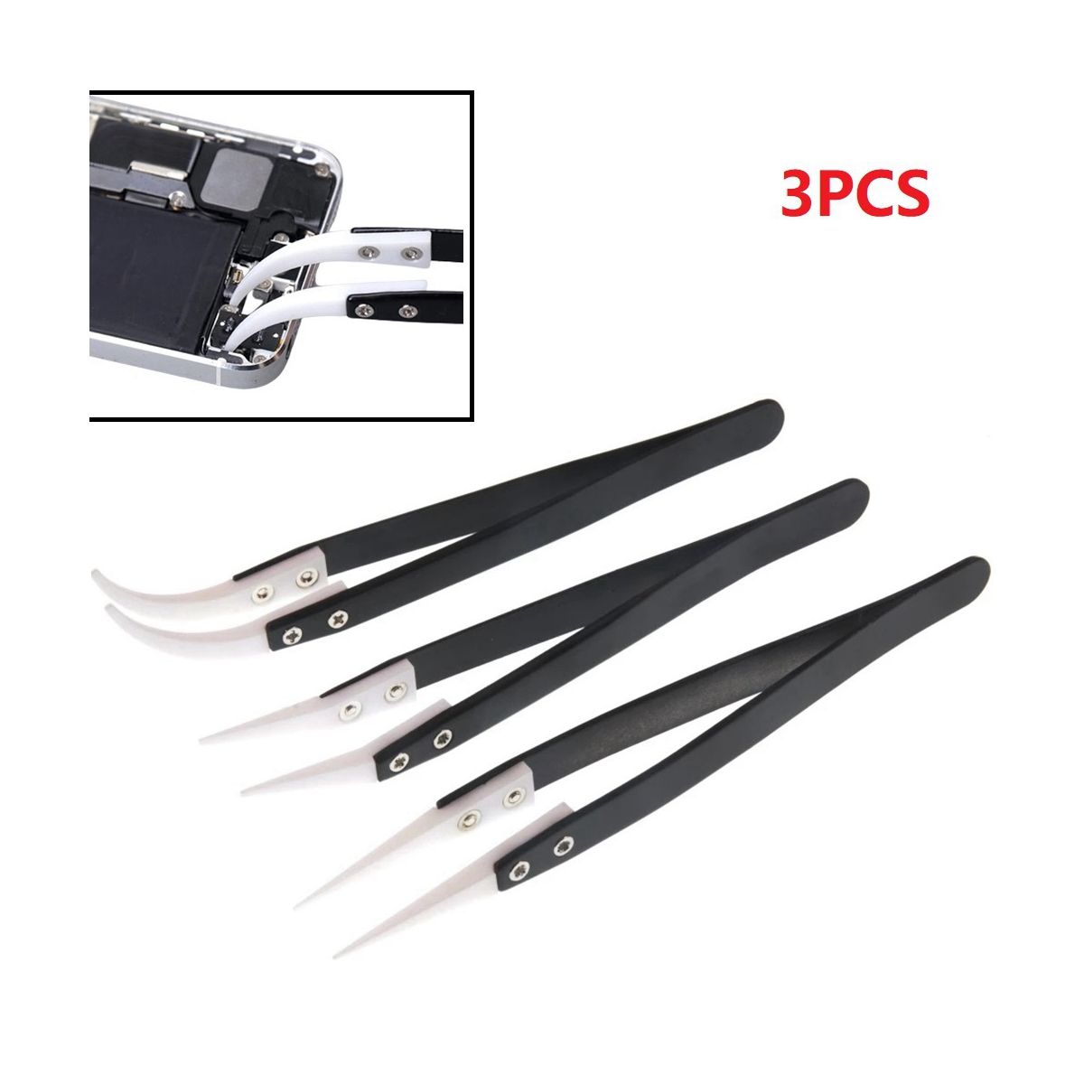 3Pcs Ceramic Tweezers with Black Handle Maintenance and Clamping Tool