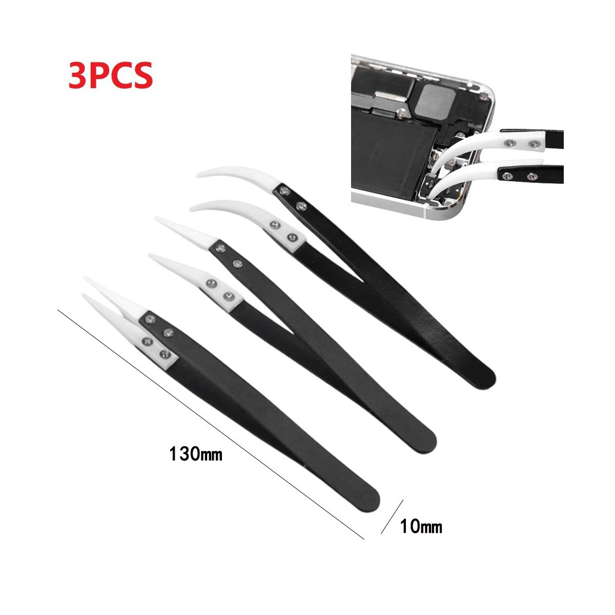 3Pcs Ceramic Tweezers with Black Handle Maintenance and Clamping Tool