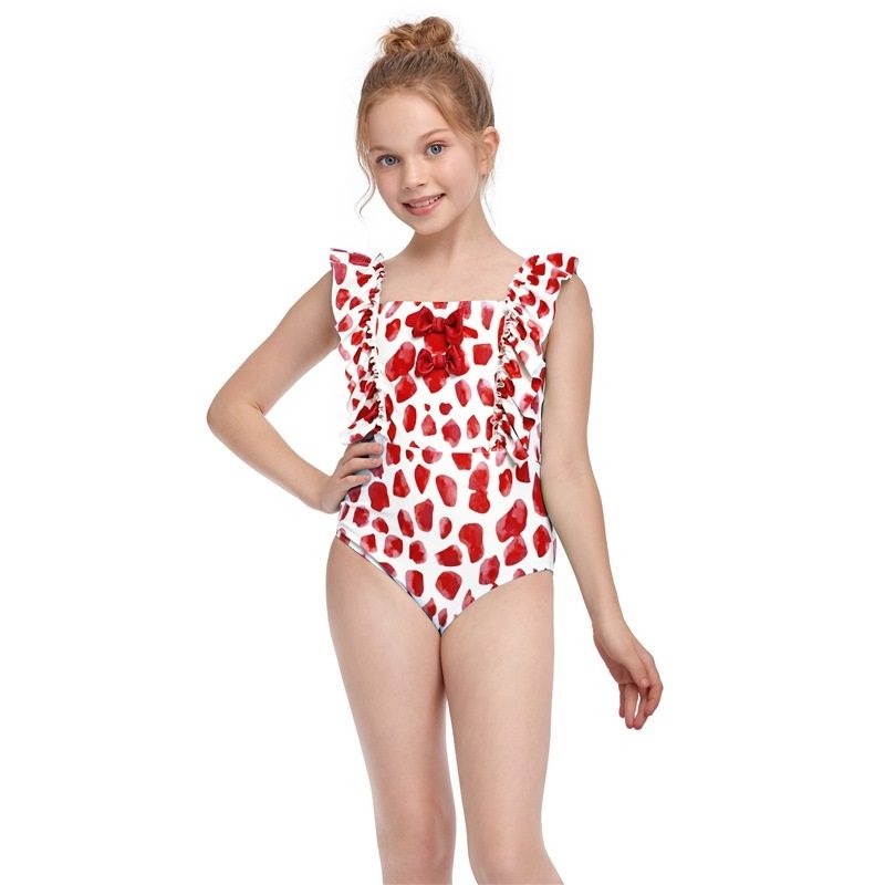 Dot Pattern Ruffled Baby Girls One-piece Swimsuit With Bow-knot Decoration (Red Size:152)