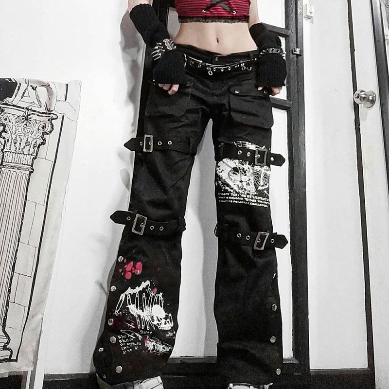 (B)WeiYao Eyelet Buckle Black Punk Goth Jean Fashion Woman Techwear Dark Academic Print E Girl Cargo Pants Low Waist Denim Trousers ACU