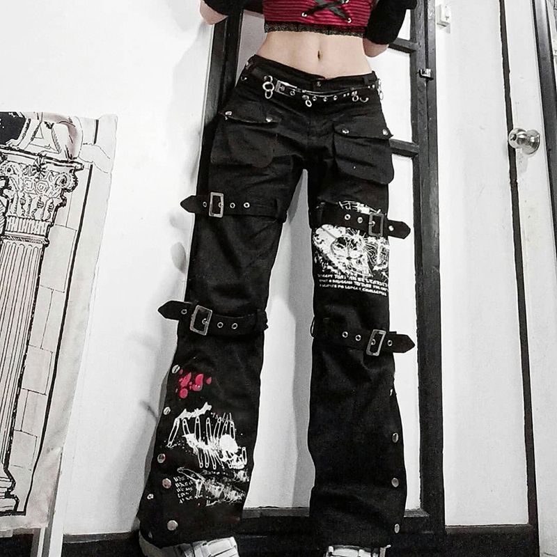 (B)WeiYao Eyelet Buckle Black Punk Goth Jean Fashion Woman Techwear Dark Academic Print E Girl Cargo Pants Low Waist Denim Trousers ACU