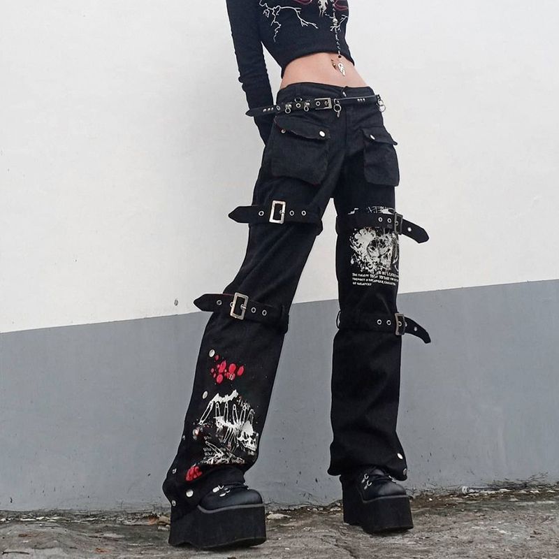 (B)WeiYao Eyelet Buckle Black Punk Goth Jean Fashion Woman Techwear Dark Academic Print E Girl Cargo Pants Low Waist Denim Trousers ACU