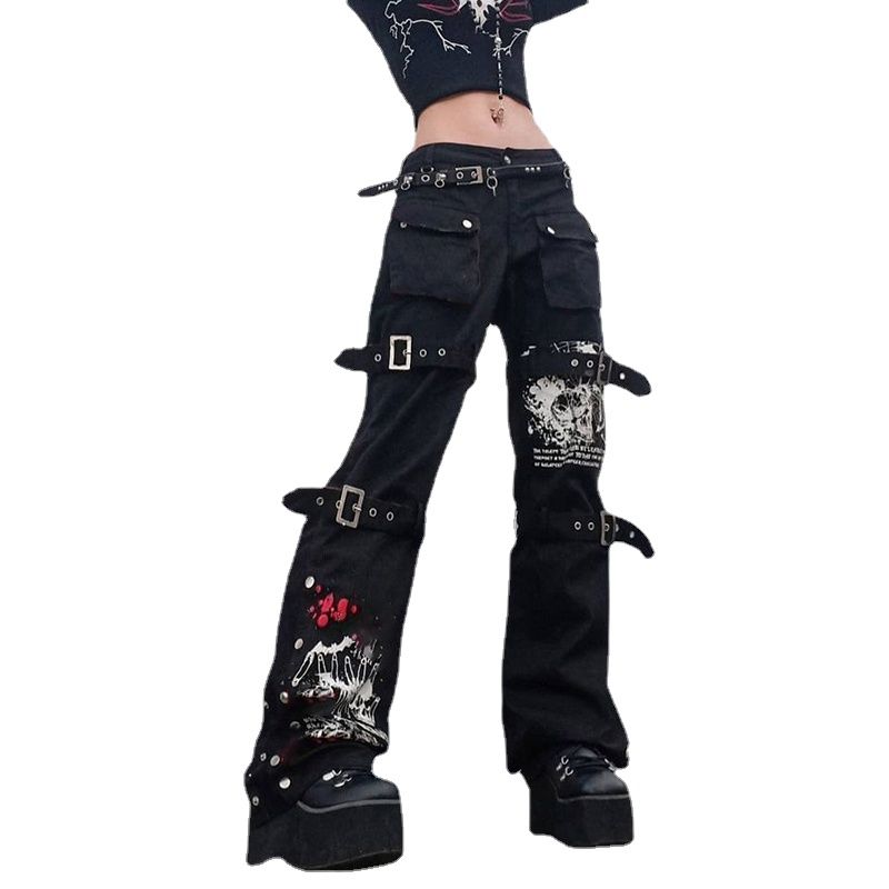 (B)WeiYao Eyelet Buckle Black Punk Goth Jean Fashion Woman Techwear Dark Academic Print E Girl Cargo Pants Low Waist Denim Trousers ACU