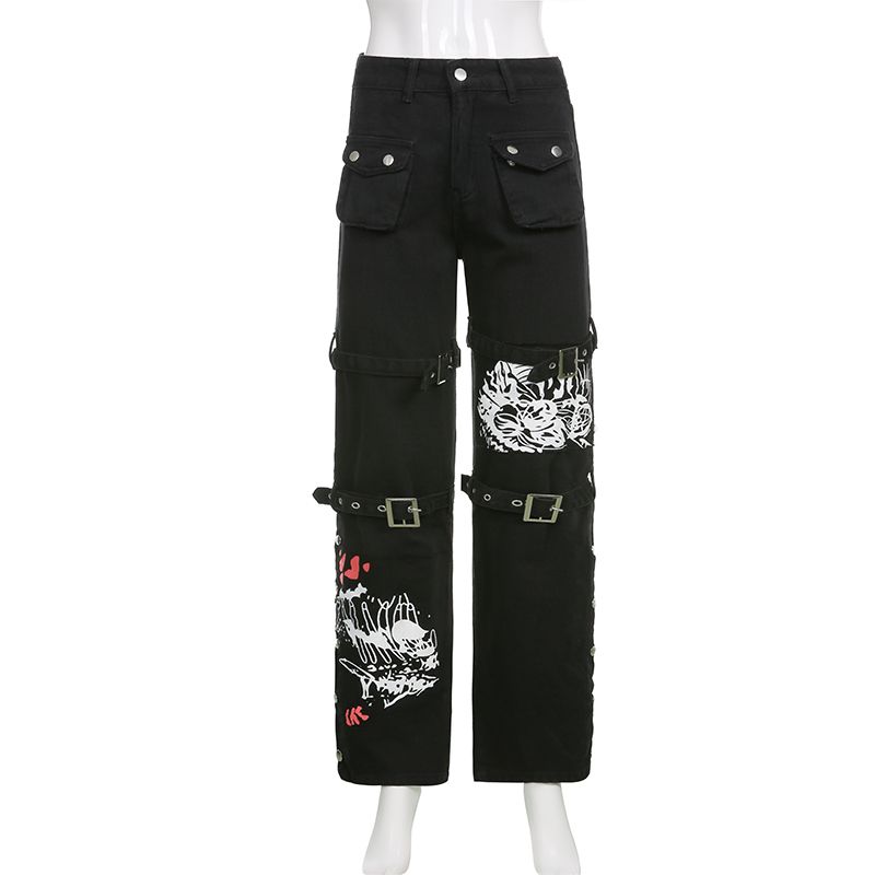 (B)WeiYao Eyelet Buckle Black Punk Goth Jean Fashion Woman Techwear Dark Academic Print E Girl Cargo Pants Low Waist Denim Trousers ACU