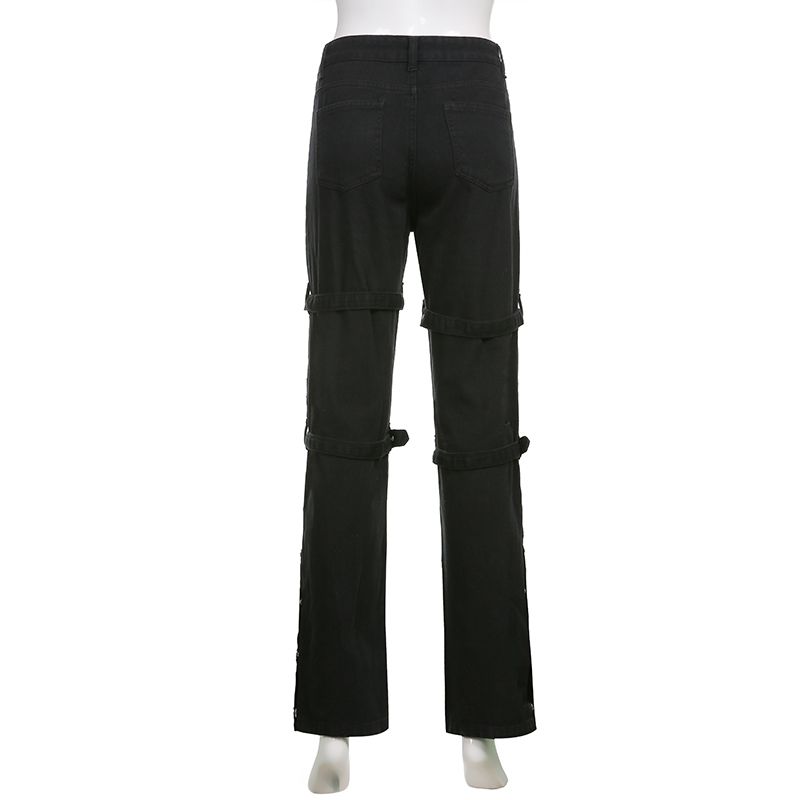 (B)WeiYao Eyelet Buckle Black Punk Goth Jean Fashion Woman Techwear Dark Academic Print E Girl Cargo Pants Low Waist Denim Trousers ACU