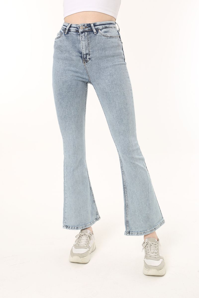 Women Light Indigo High Waist Stretch Flare Jean Trousers