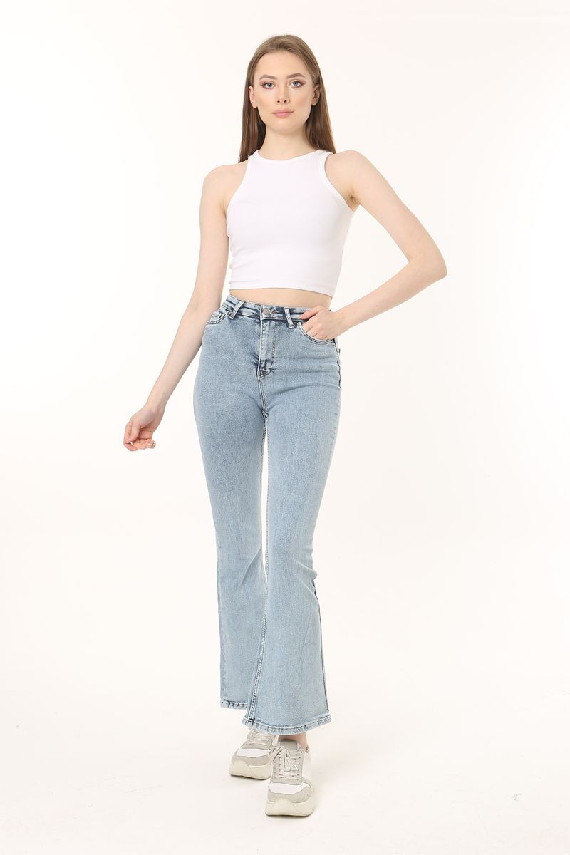 Women Light Indigo High Waist Stretch Flare Jean Trousers