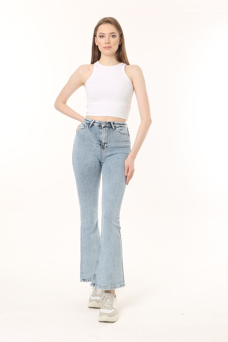 Women Light Indigo High Waist Stretch Flare Jean Trousers