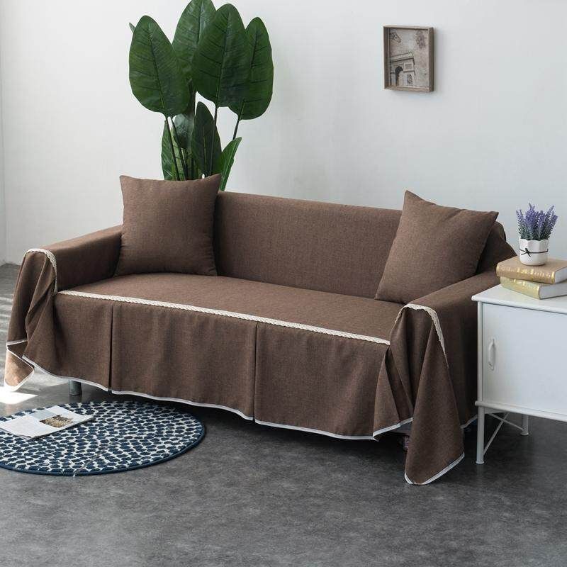 4 Seat 215*350cm Couch Slipcover Linen Fabric Sofa Cover Pillowcase Decoration Coffee (coffee)
