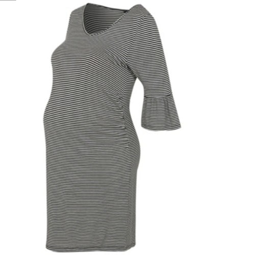 Striped Flared Sleeve Black Maternity Dress