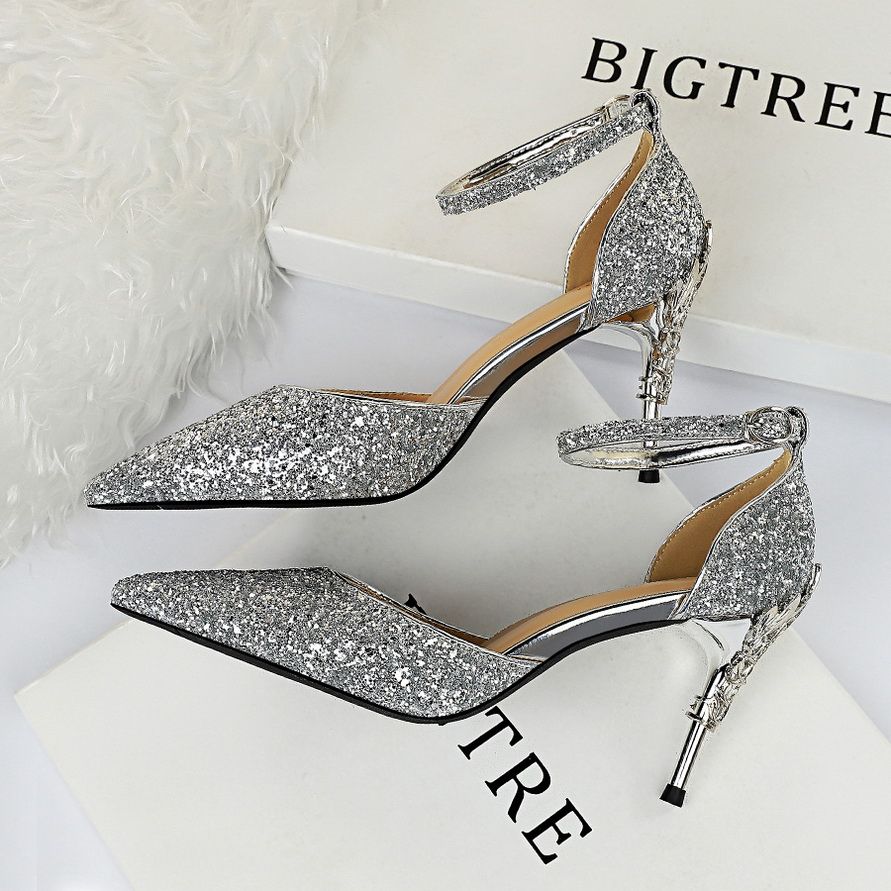 Ladies Heel Metallic Carved Sequins Sexy Sandals Silver
