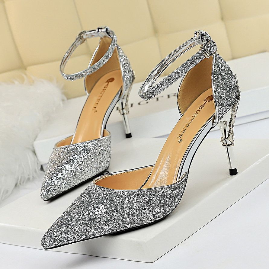 Ladies Heel Metallic Carved Sequins Sexy Sandals Silver