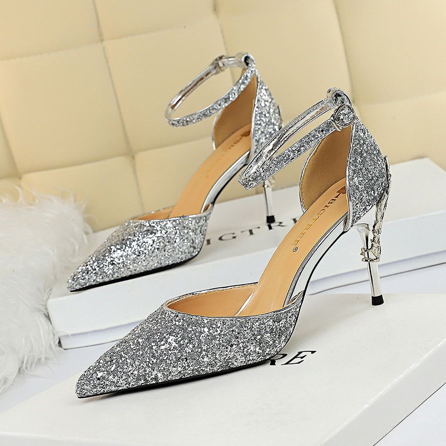 Ladies Heel Metallic Carved Sequins Sexy Sandals Silver