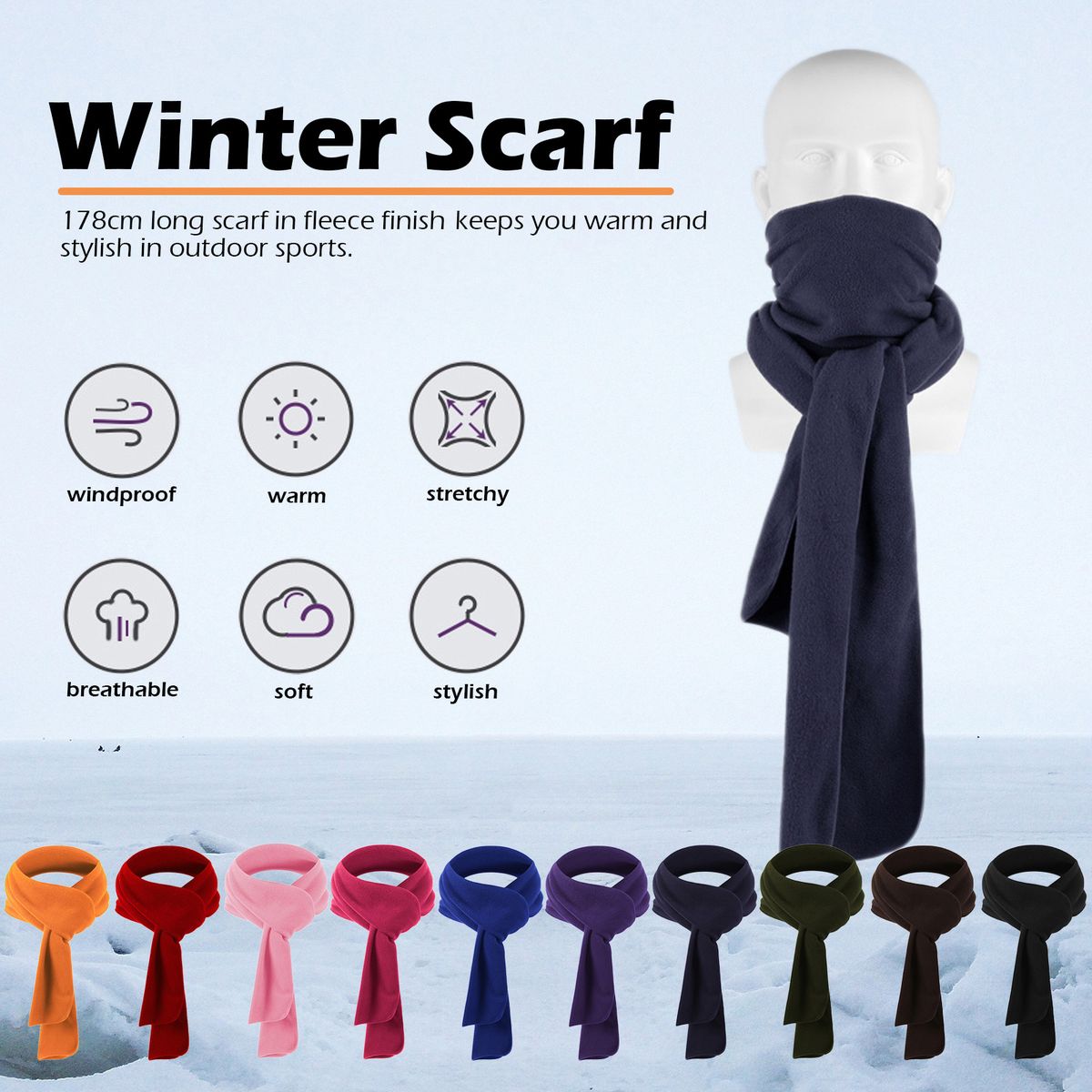 Men Women Long Fleece Scarf For Winter Sports Lightweight