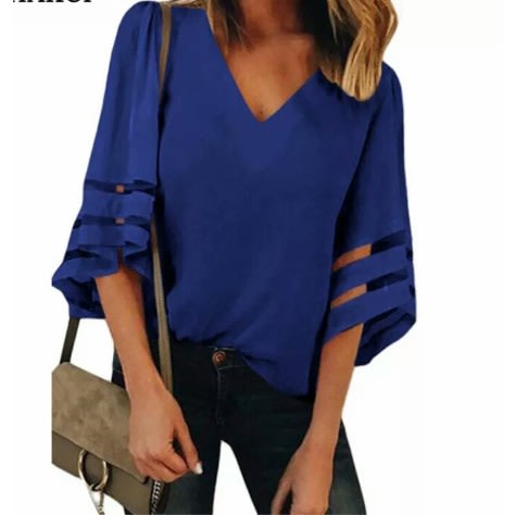 Flare Sleeve Plus Size Top- Blue