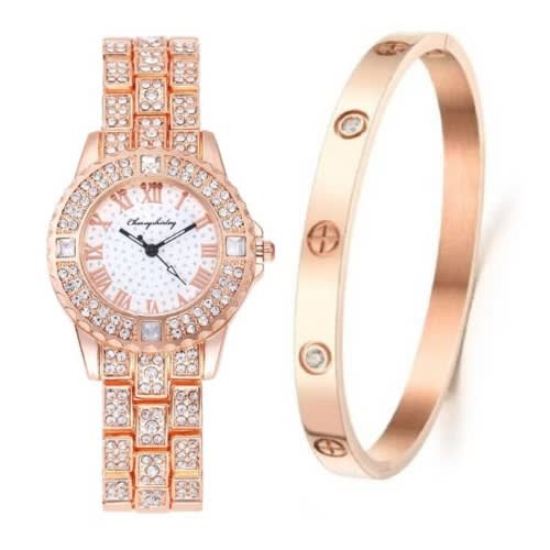 2 In 1 Rhinestone Female Wrist Watch With Bracelet- Rose Gold