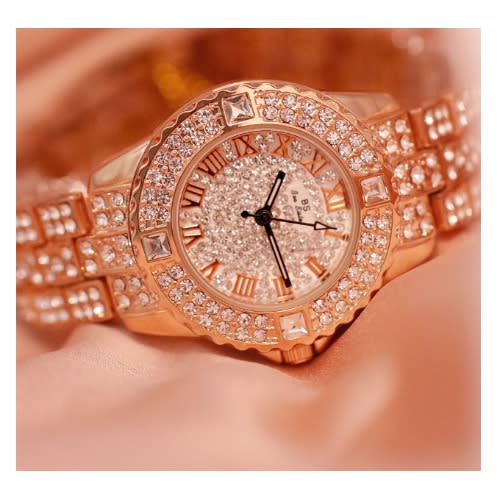 Ladies Studded Rhinestone Wrist Watch - Rose Gold