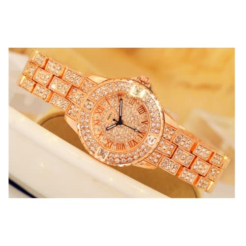 Ladies Studded Rhinestone Wrist Watch - Rose Gold
