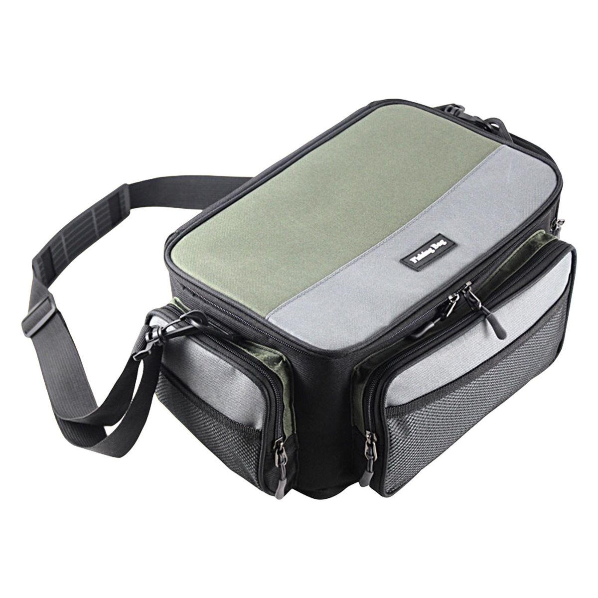 Fishing Shoulder Bag Double Zipper Multi-porpuse Fishing Storage Bag Grey & Green