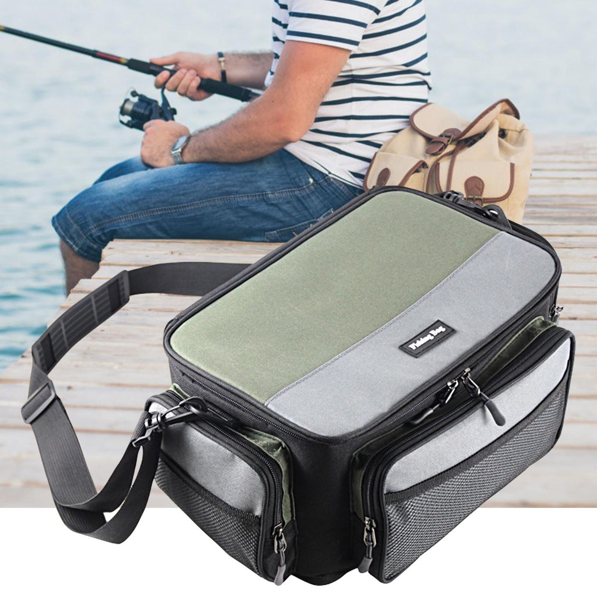 Fishing Shoulder Bag Double Zipper Multi-porpuse Fishing Storage Bag Grey & Green
