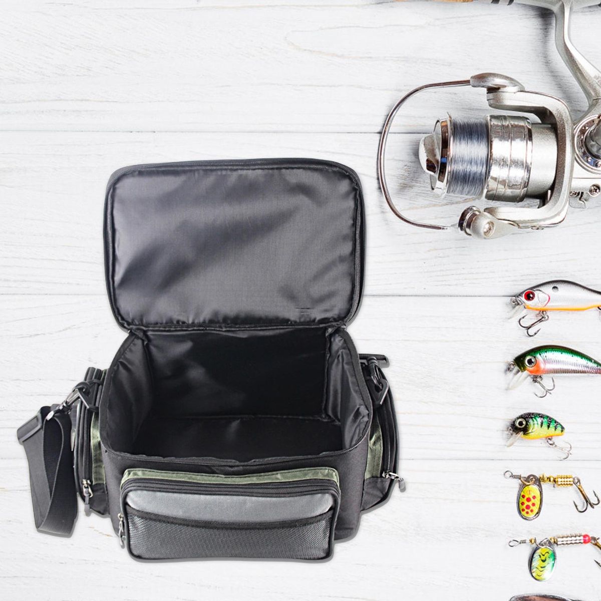 Fishing Shoulder Bag Double Zipper Multi-porpuse Fishing Storage Bag Grey & Green
