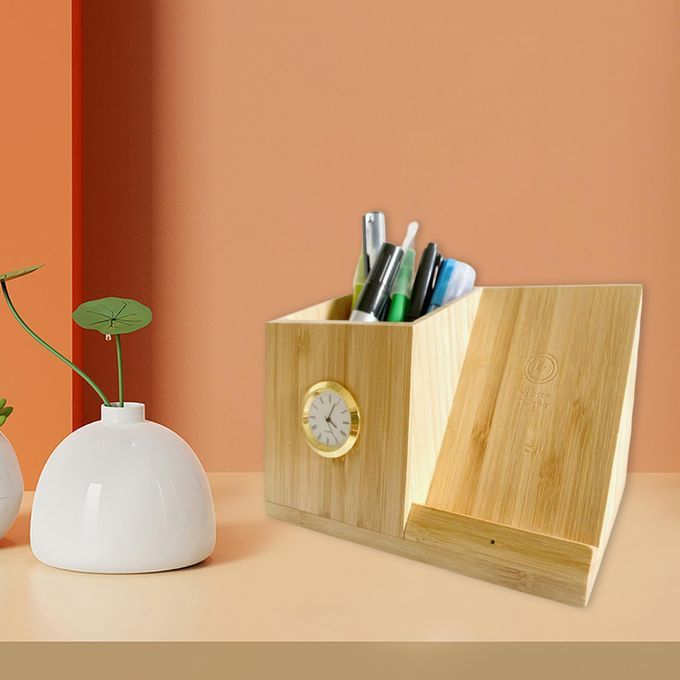 Charger 10W Pen Holder With Clock Durable Stuff Bamboo