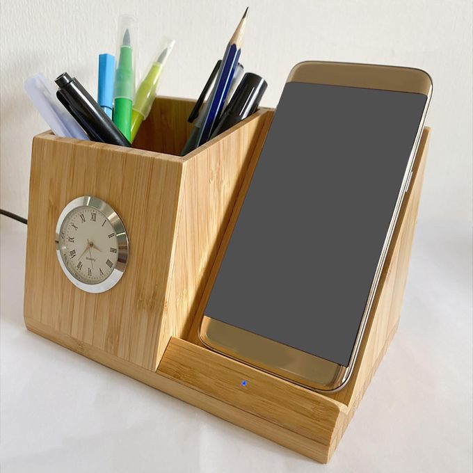 Charger 10W Pen Holder With Clock Durable Stuff Bamboo