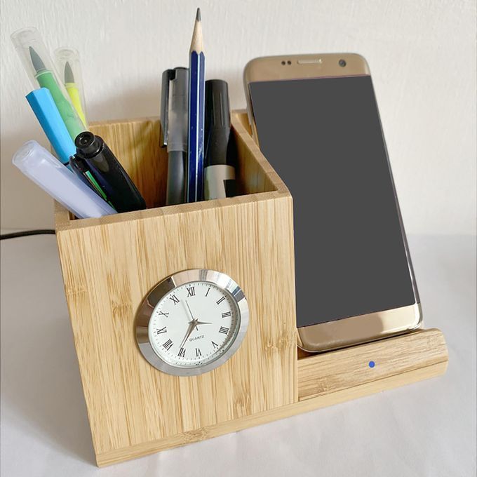 Charger 10W Pen Holder With Clock Durable Stuff Bamboo
