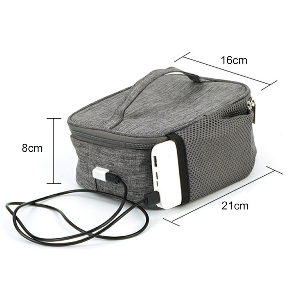1 Set USB Thermal Bag Handle Design Heating Lunch Pouch Grey